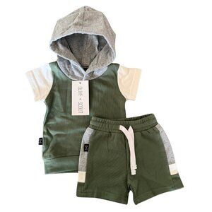 Olive + Scout Green Hooded Owen Set – Colorblock Short Set - Size 3-6M